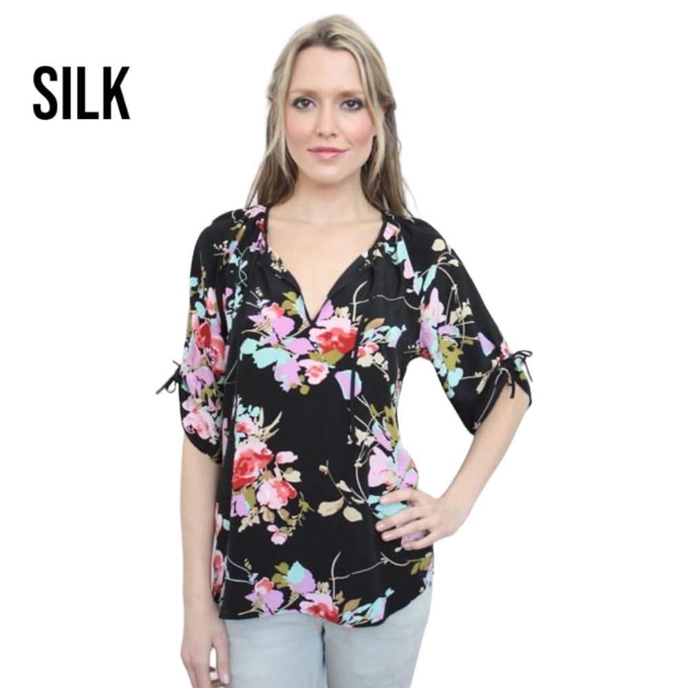 Yumi Kim SILK‎ Blouse Floral Tie Sleeves Smocking Sm Tie Neck Keyhole Black Pink